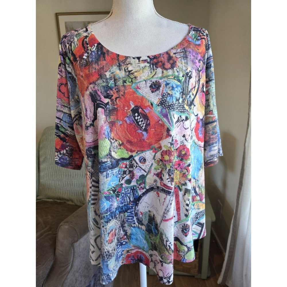 Et Lois Top Size 2X art to wear soft knit top apple pie flowers hi low tunic